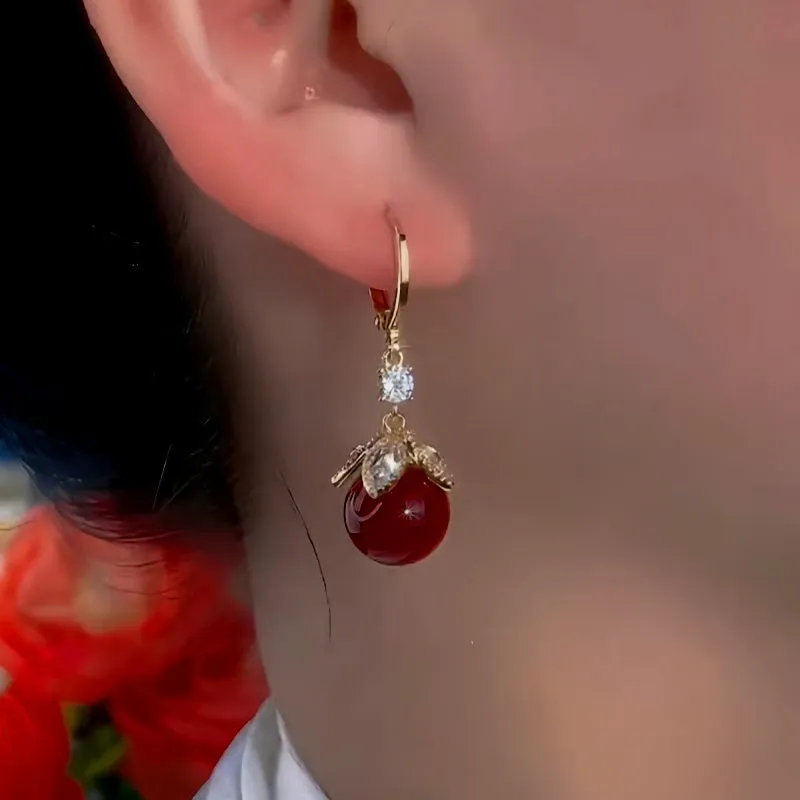 14K Gold-Plated Exquisite Red Bead Earrings