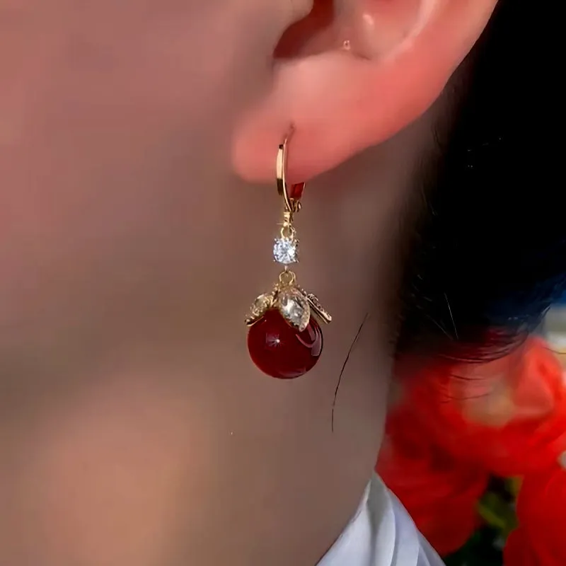 14K Gold-Plated Exquisite Red Bead Earrings