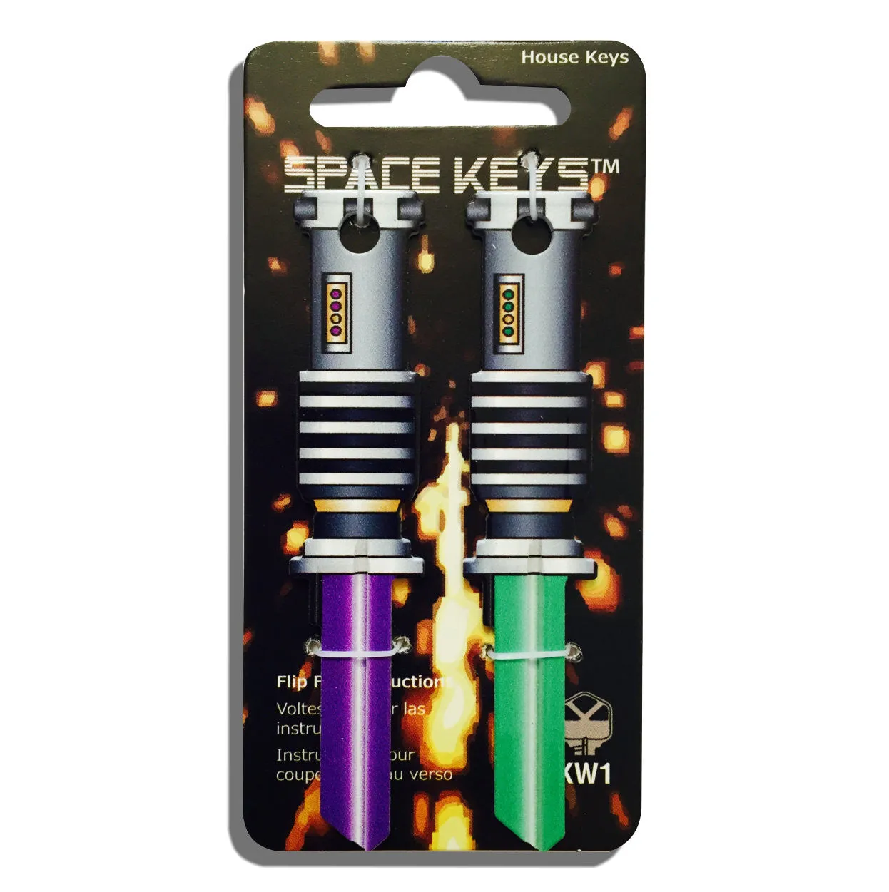 2 Green and Purple Light Saber Shaped Space Keys