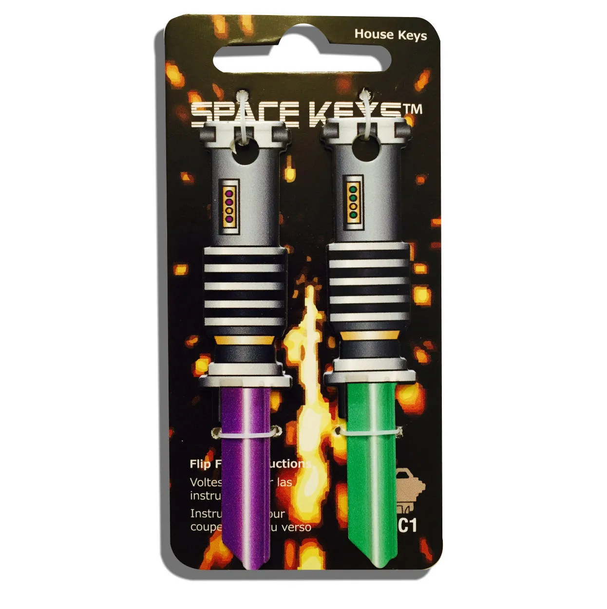 2 Green and Purple Light Saber Shaped Space Keys