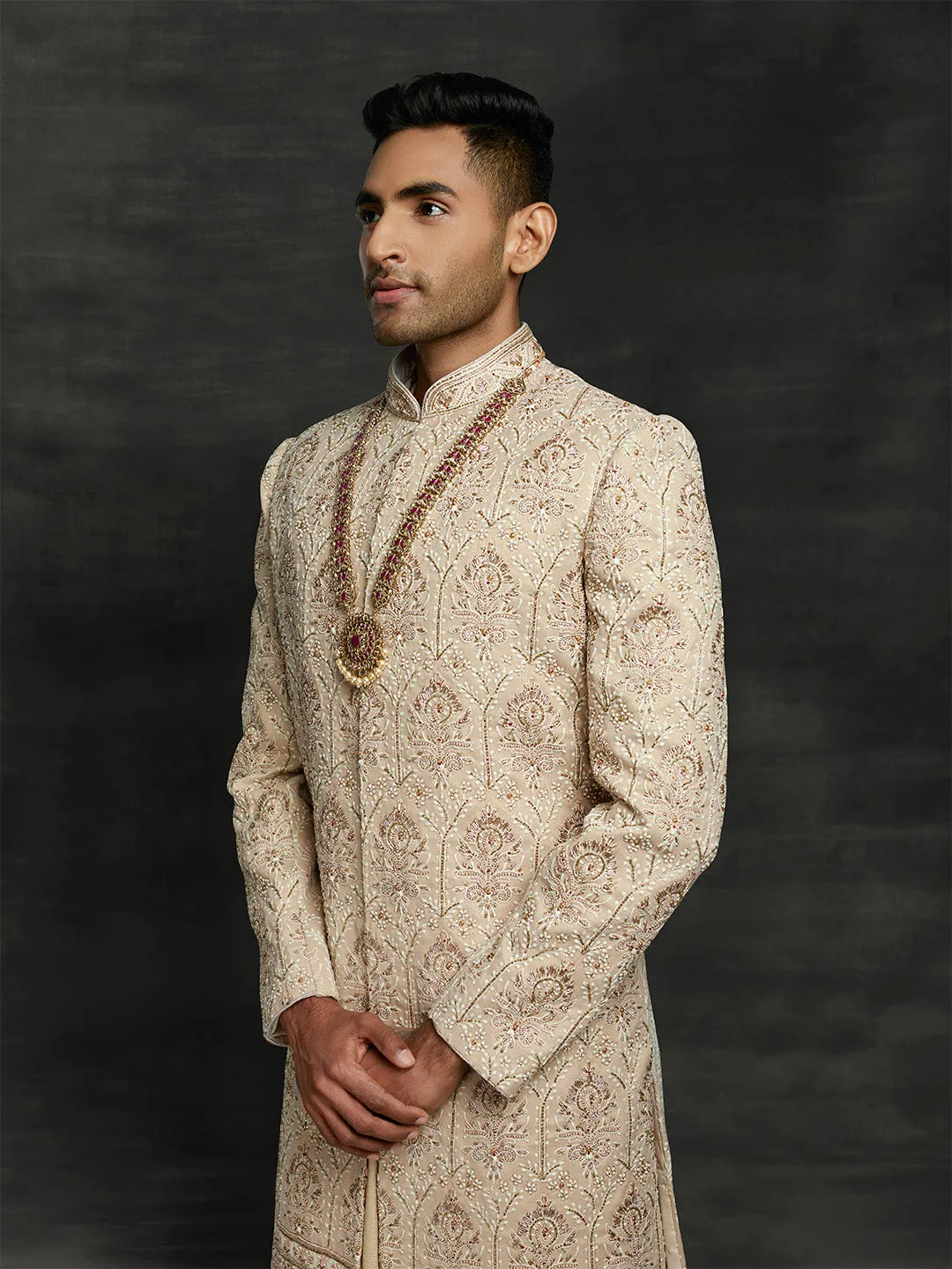 Beige Exquisite Silk Sherwani With Thread Work & Ethnic Mala