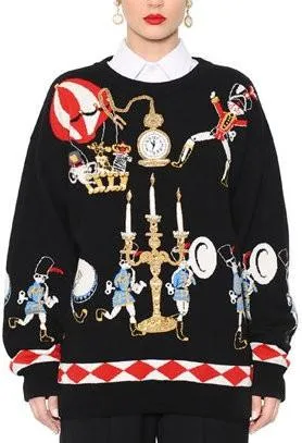 Black Embellished Intarsia Knit Sweater