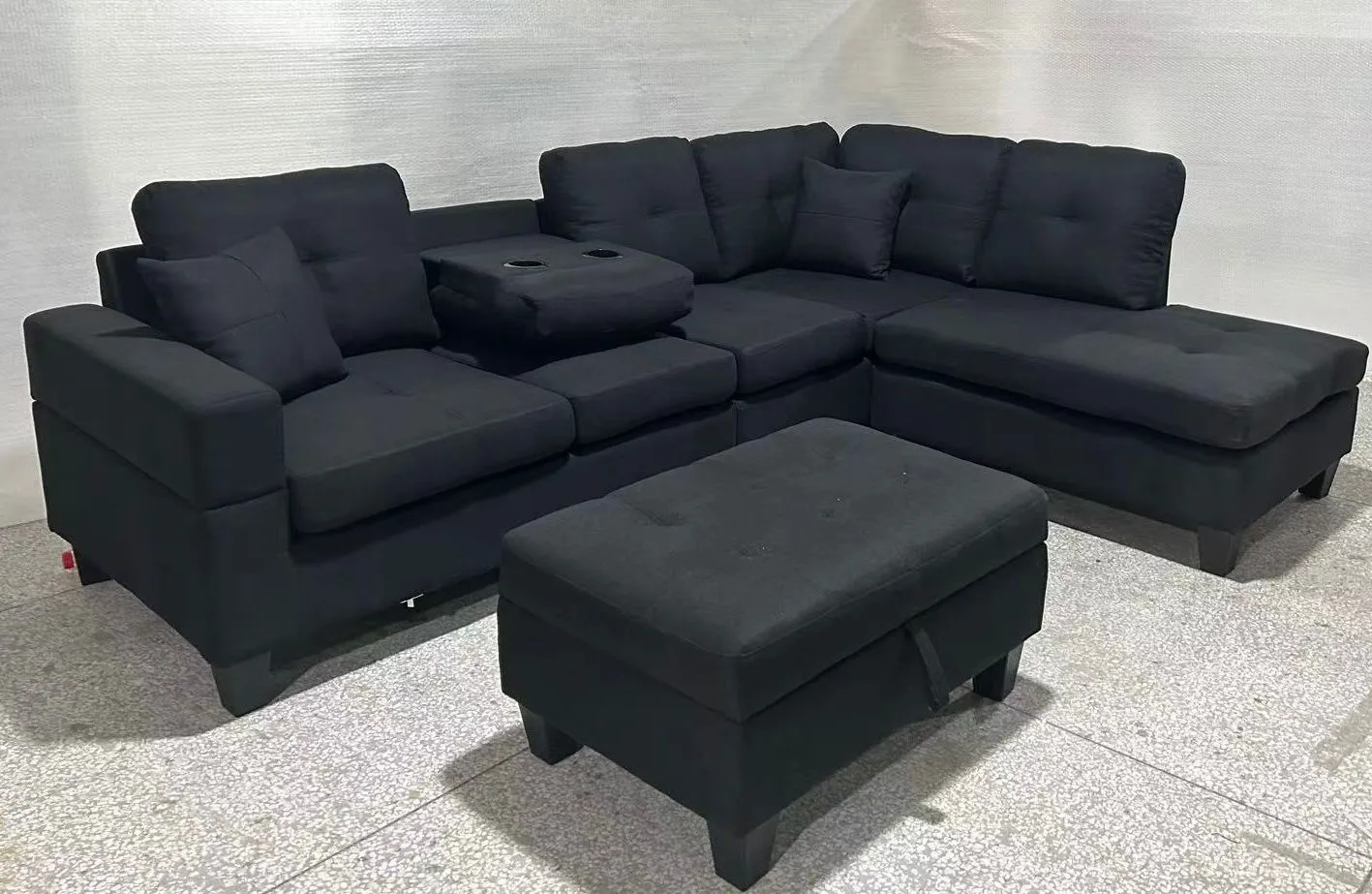 Black Fabric Sectional With Drop Down Cup Holder & Throw Pillows- Model #2401