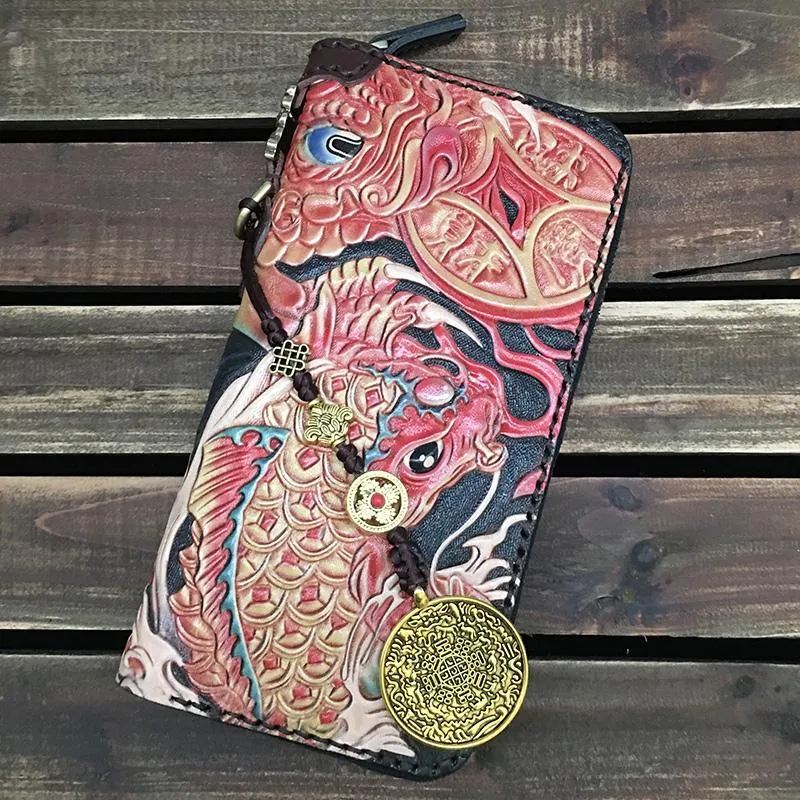 Black Handmade Tooled Chinese Dragon Leather Long Biker Wallet Chain Wallet Clutch Wallet For Men