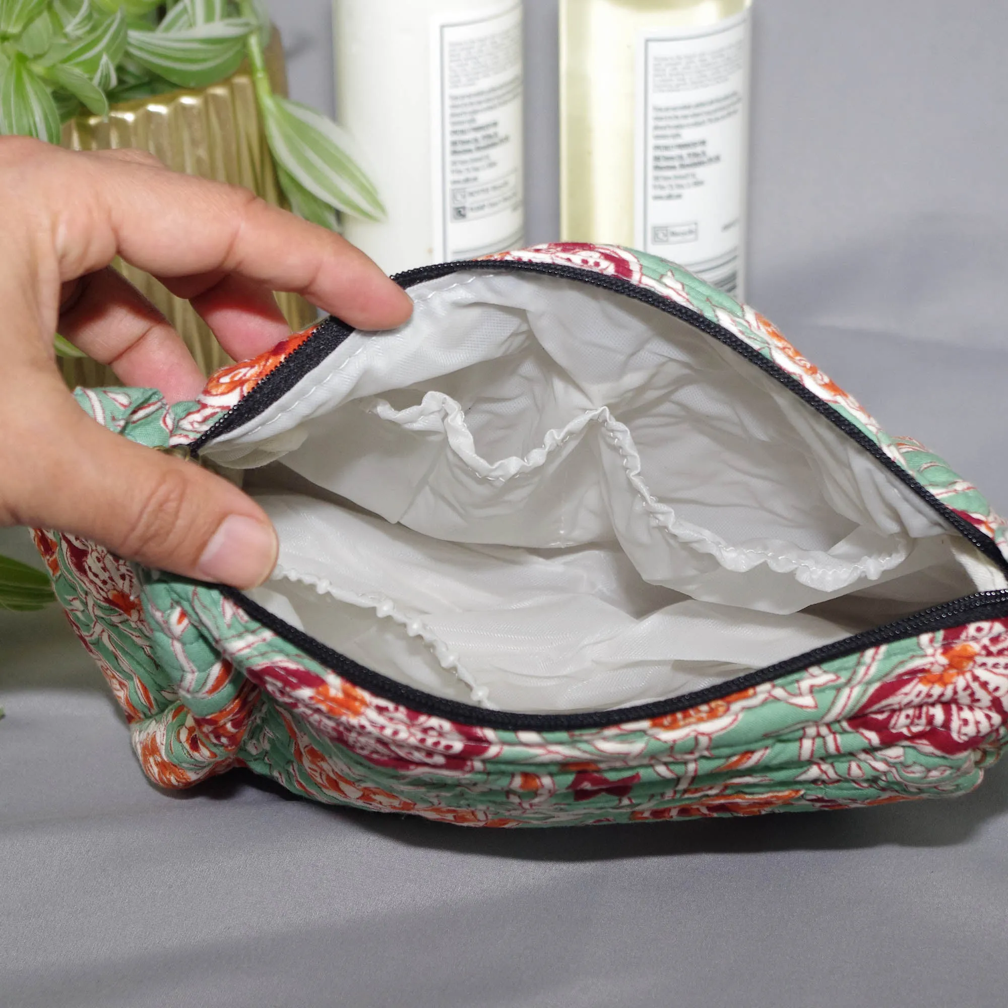 Block Print Quilted Toiletry Bag - Pink Floral