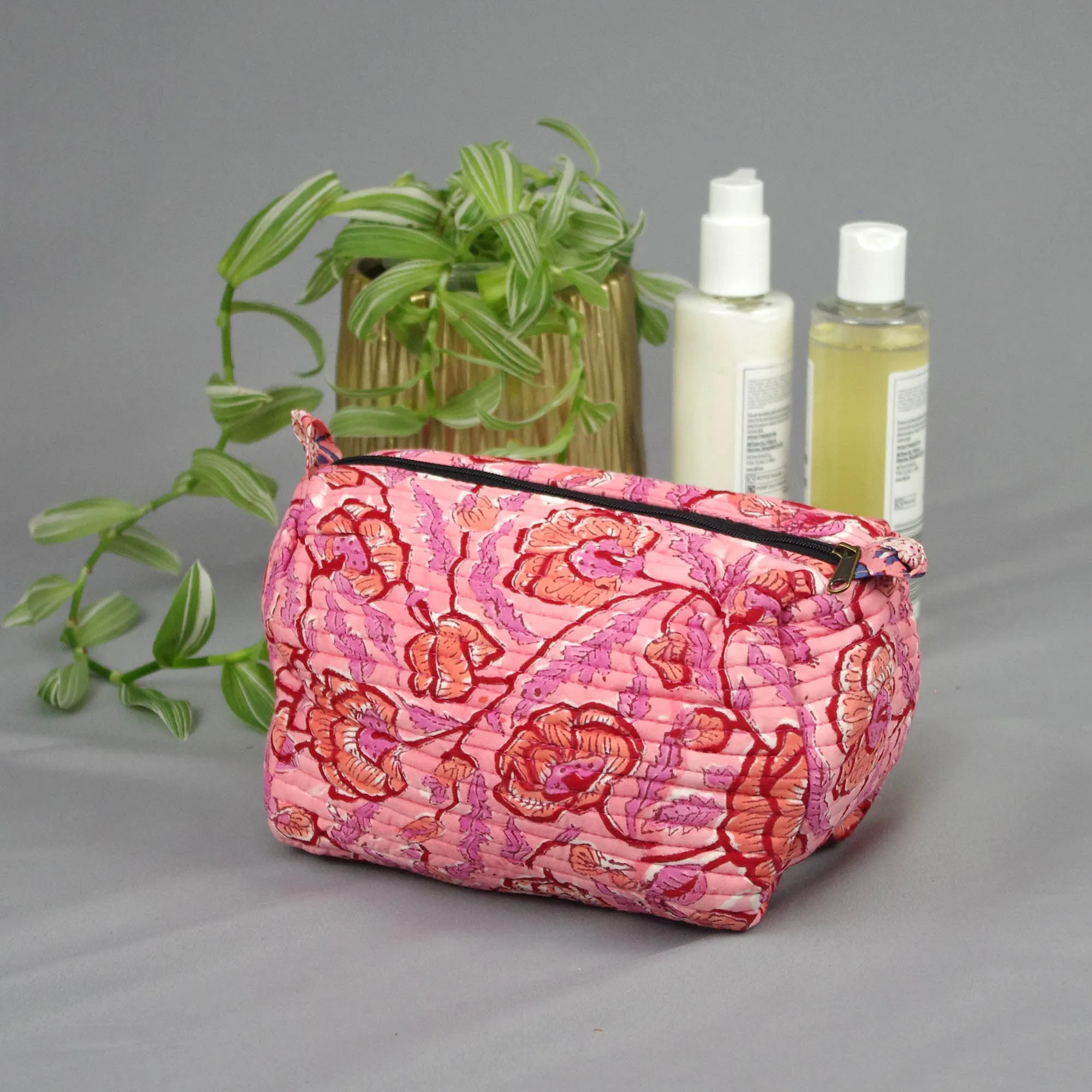 Block Print Quilted Toiletry Bag - Pink Floral