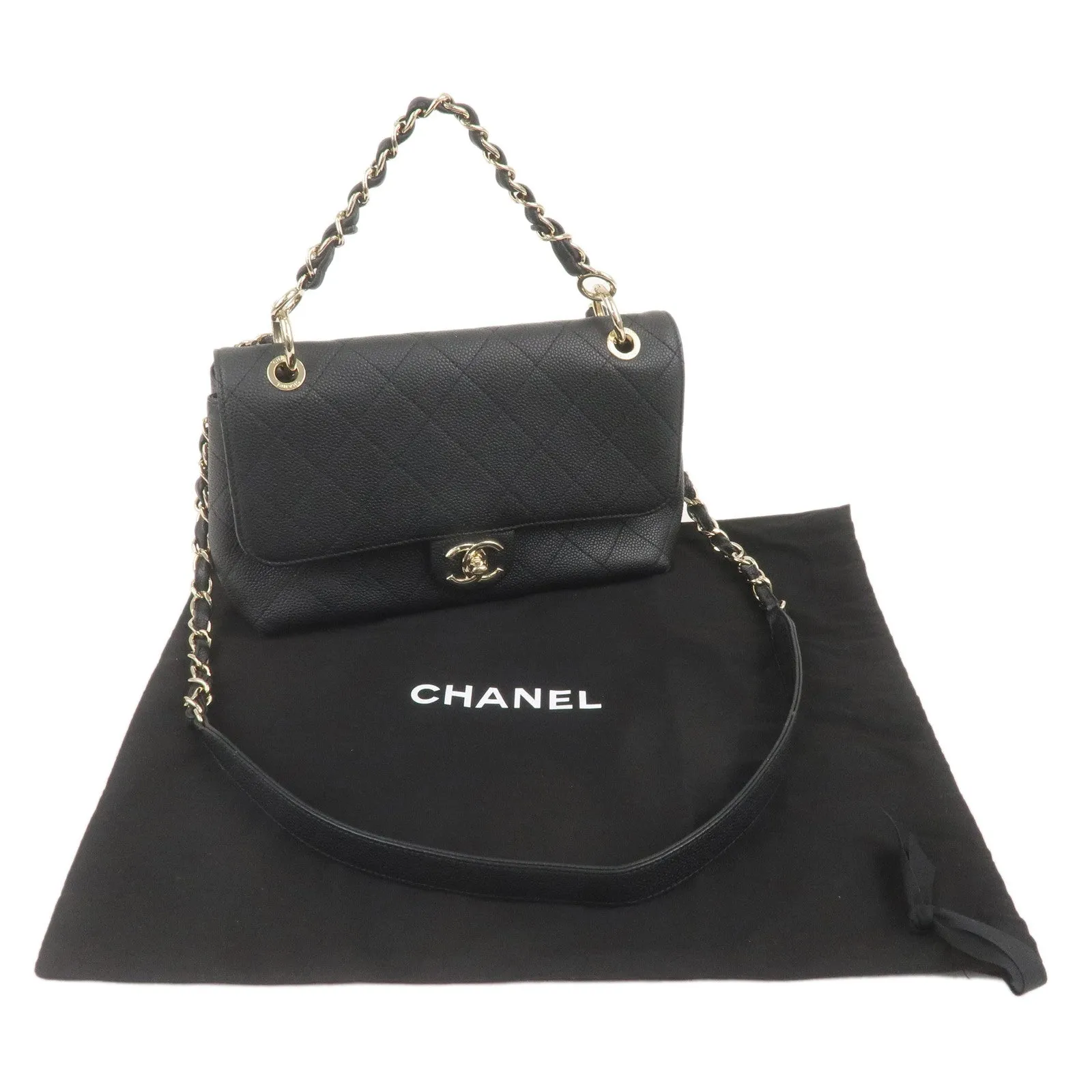 CHANEL Matelasse Caviar Skin 2Way Chain Shoulder Bag Black