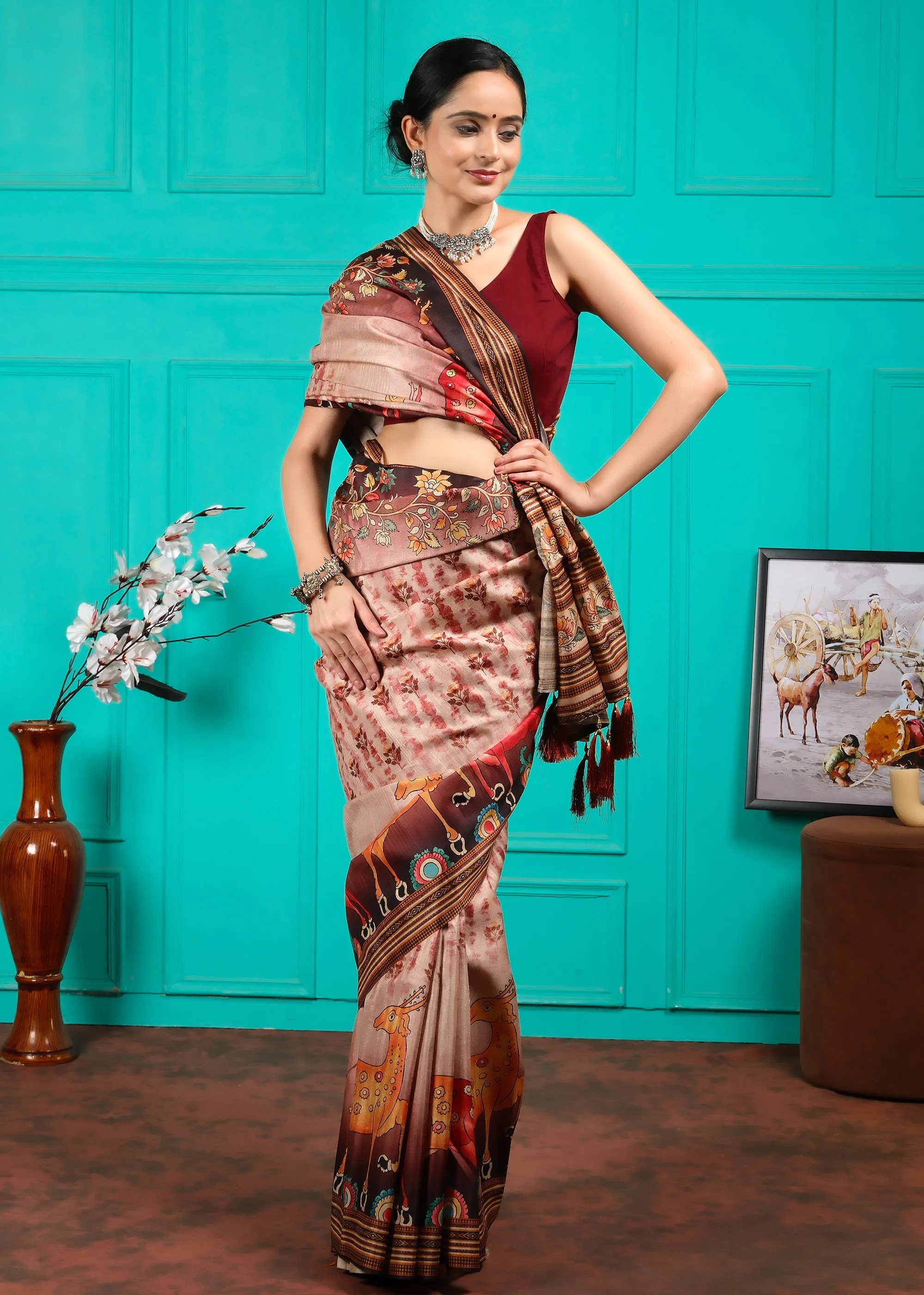 Exquisite Beige Silk Saree with Vibrant Animal Motifs