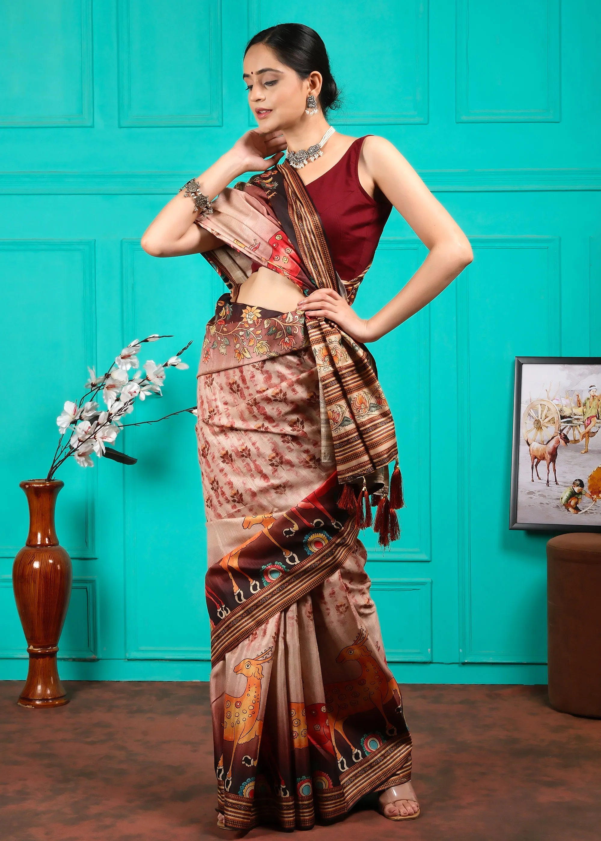 Exquisite Beige Silk Saree with Vibrant Animal Motifs