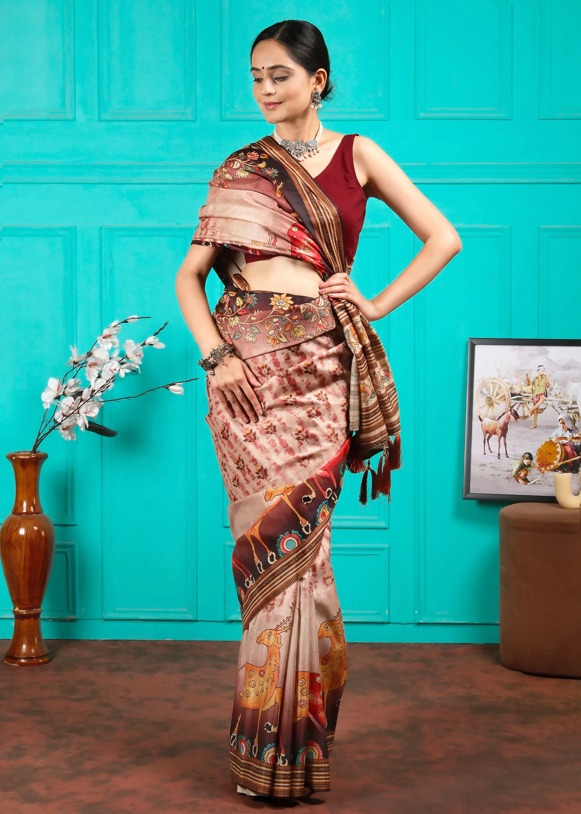 Exquisite Beige Silk Saree with Vibrant Animal Motifs
