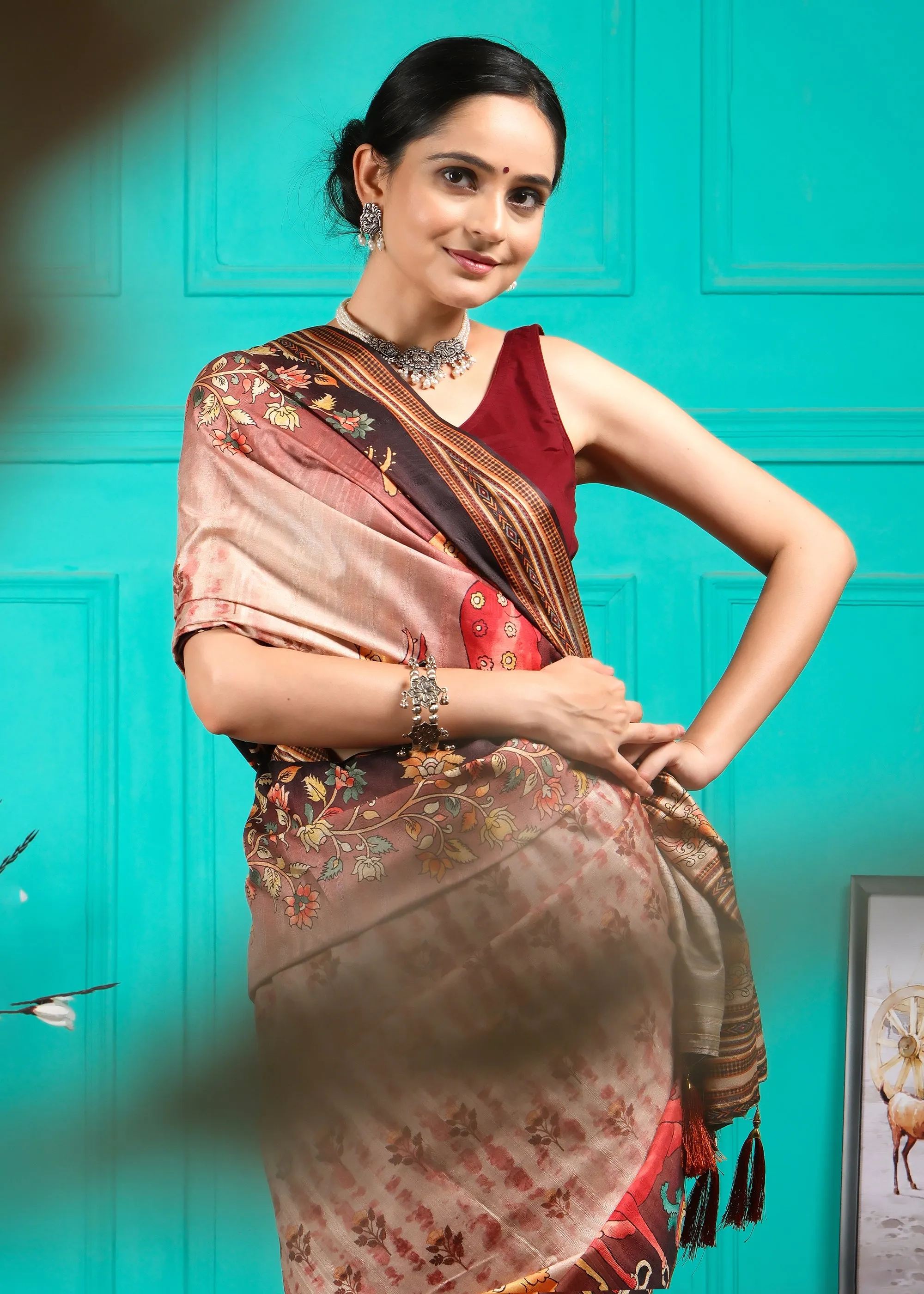 Exquisite Beige Silk Saree with Vibrant Animal Motifs