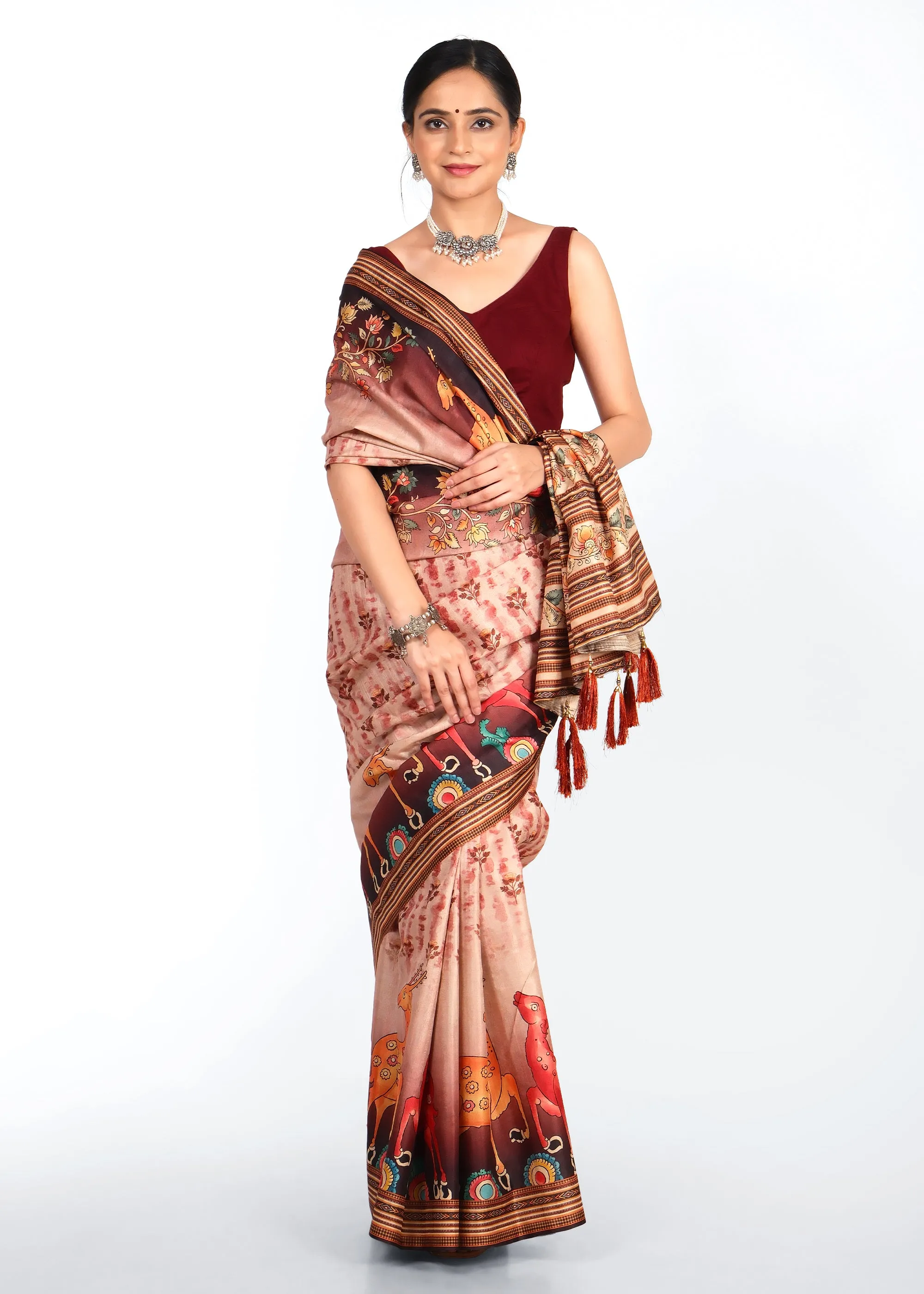 Exquisite Beige Silk Saree with Vibrant Animal Motifs