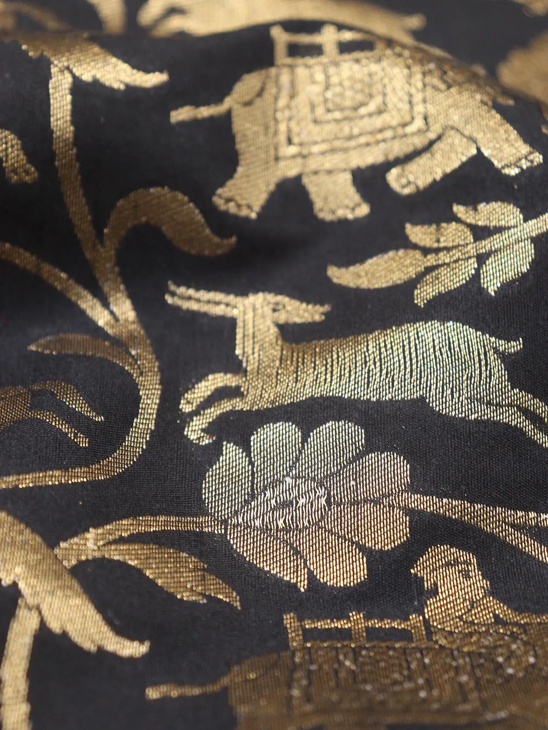 Exquisite Black Banarasi Shikargah Silk Fabric - 0.75 Mtr