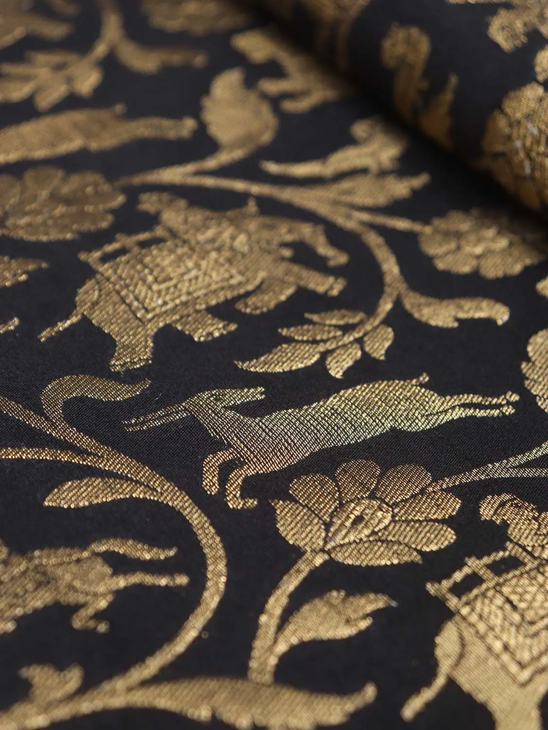Exquisite Black Banarasi Shikargah Silk Fabric - 0.75 Mtr