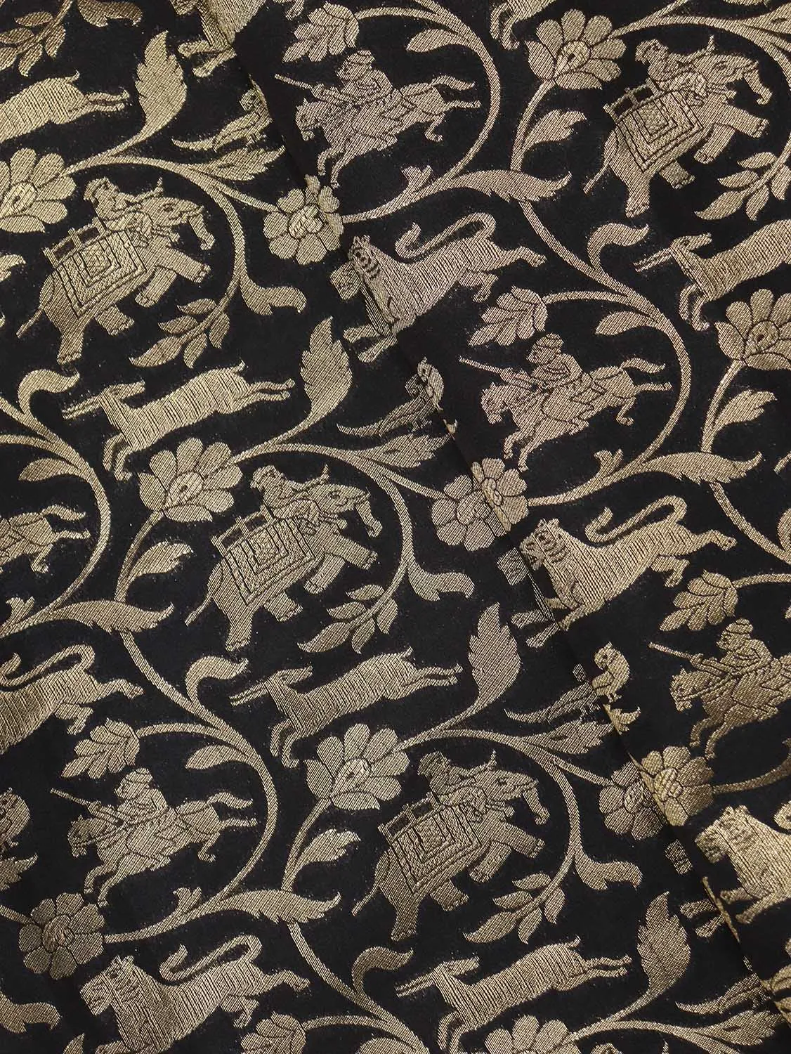 Exquisite Black Banarasi Shikargah Silk Fabric - 0.75 Mtr