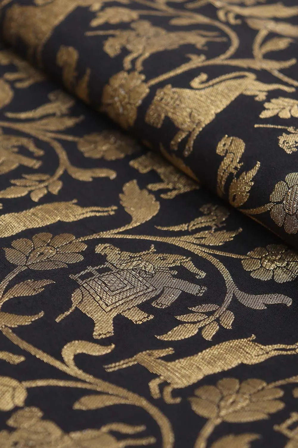 Exquisite Black Banarasi Shikargah Silk Fabric - 0.75 Mtr