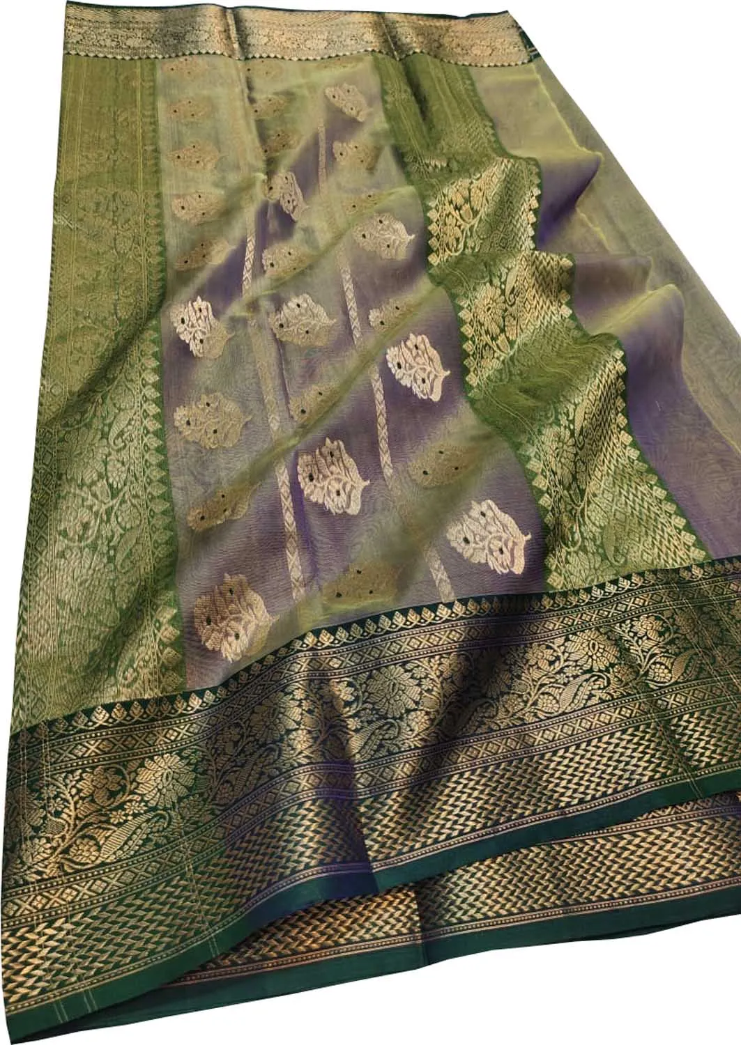 Exquisite Blue & Green Chanderi Handloom Katan Silk Saree