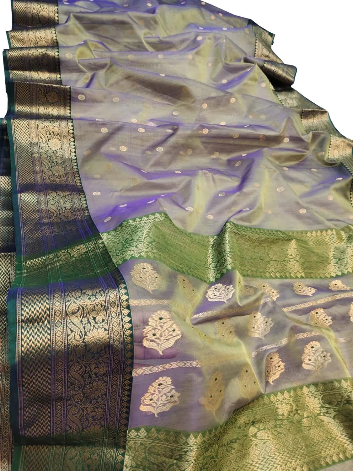 Exquisite Blue & Green Chanderi Handloom Katan Silk Saree