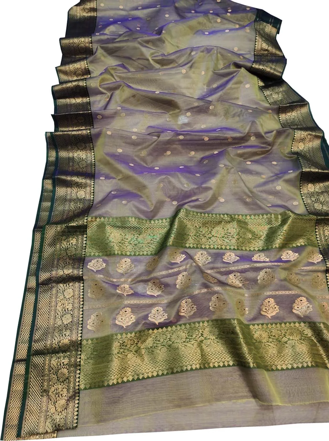 Exquisite Blue & Green Chanderi Handloom Katan Silk Saree