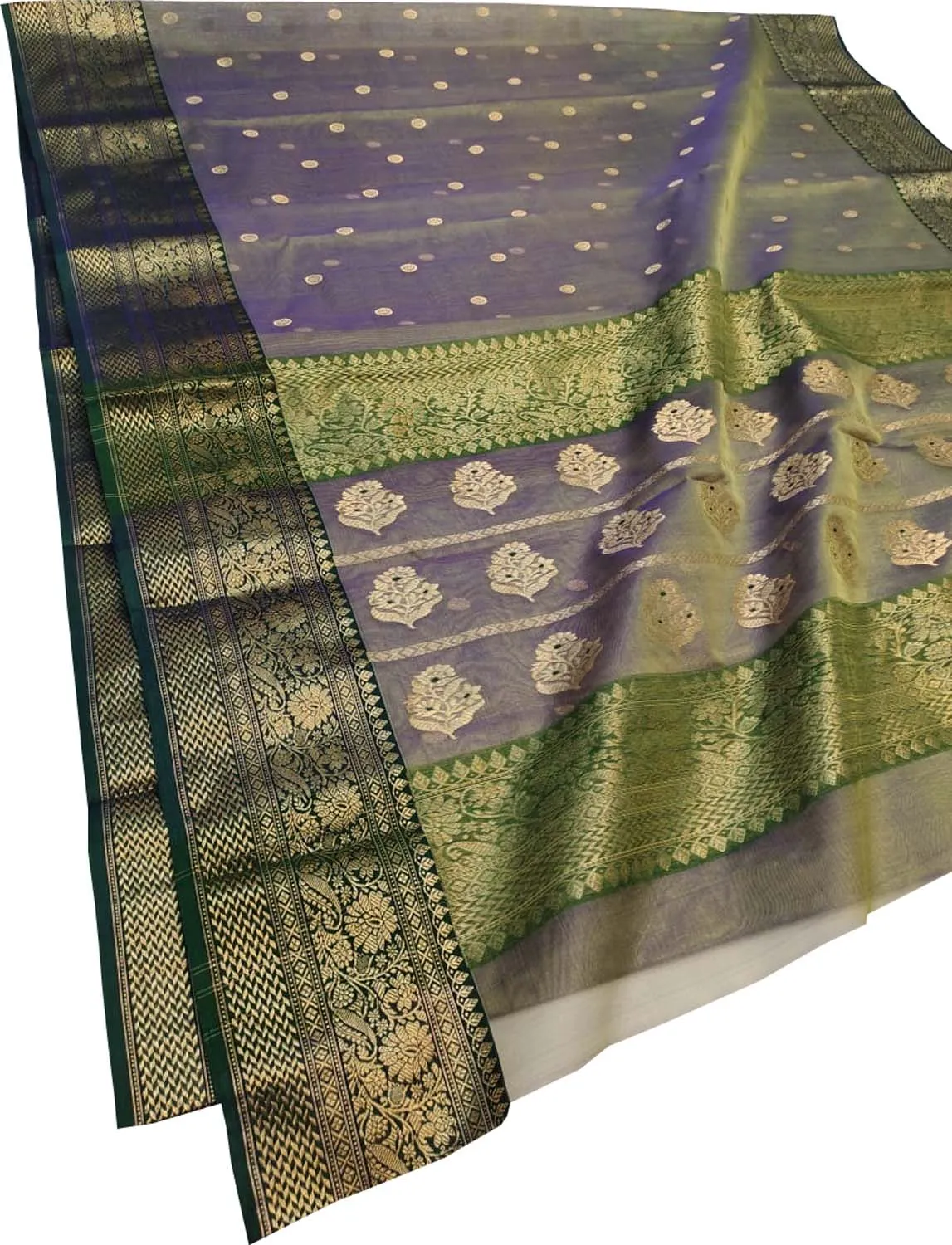 Exquisite Blue & Green Chanderi Handloom Katan Silk Saree