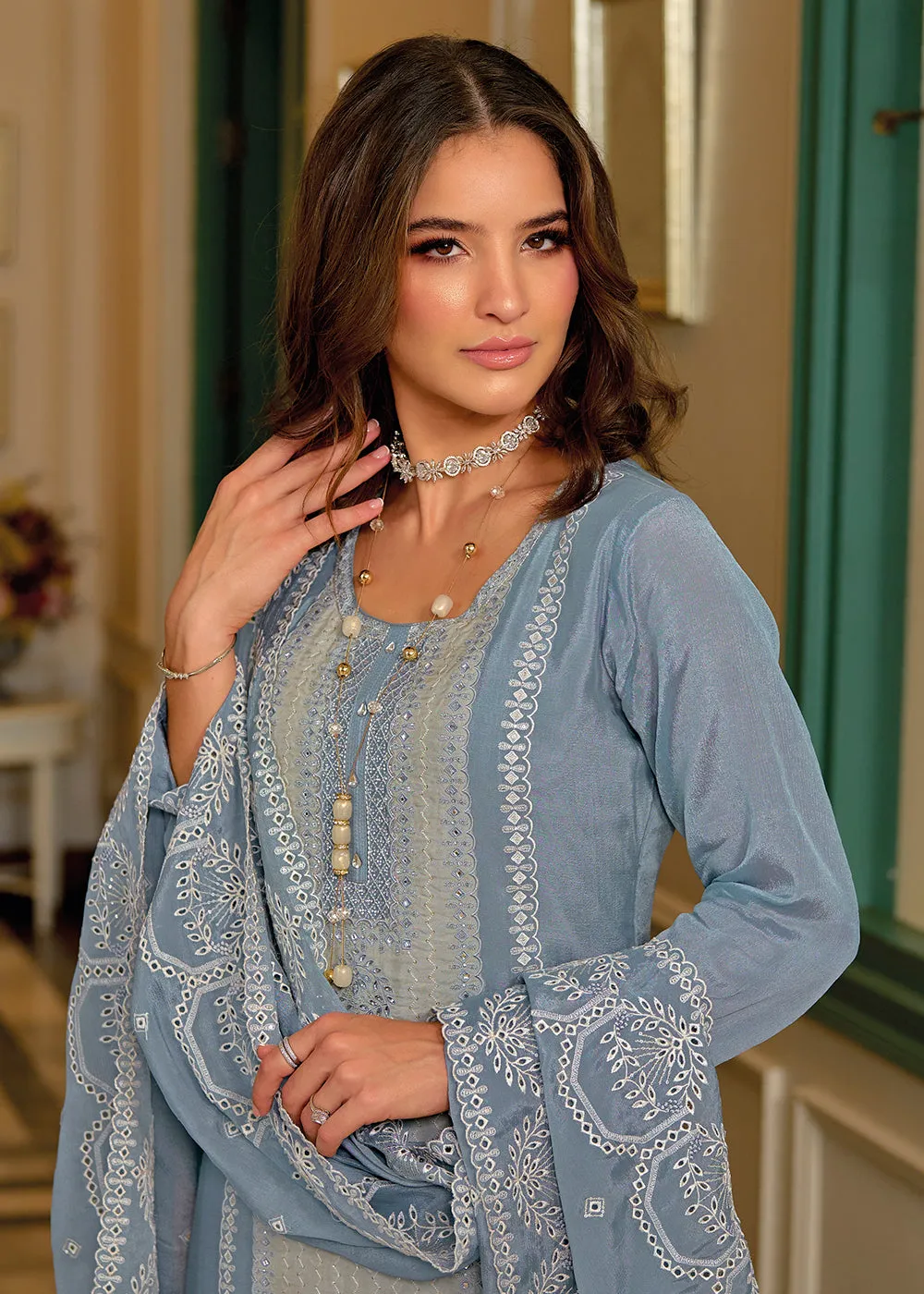 Exquisite Blue Premium Silk Festive Wear Salwar Suit