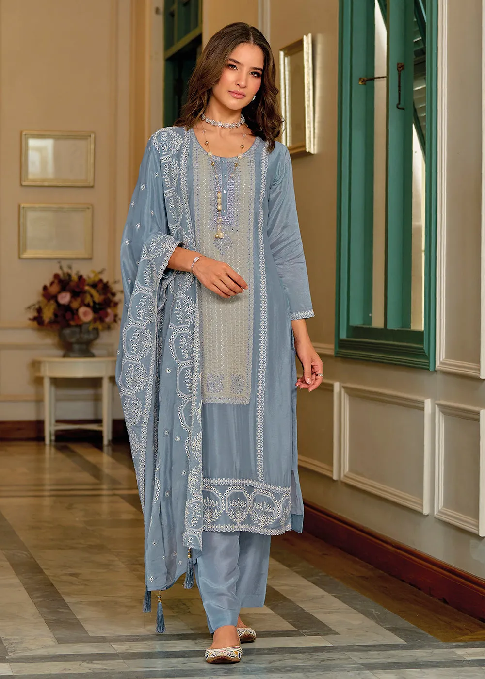 Exquisite Blue Premium Silk Festive Wear Salwar Suit