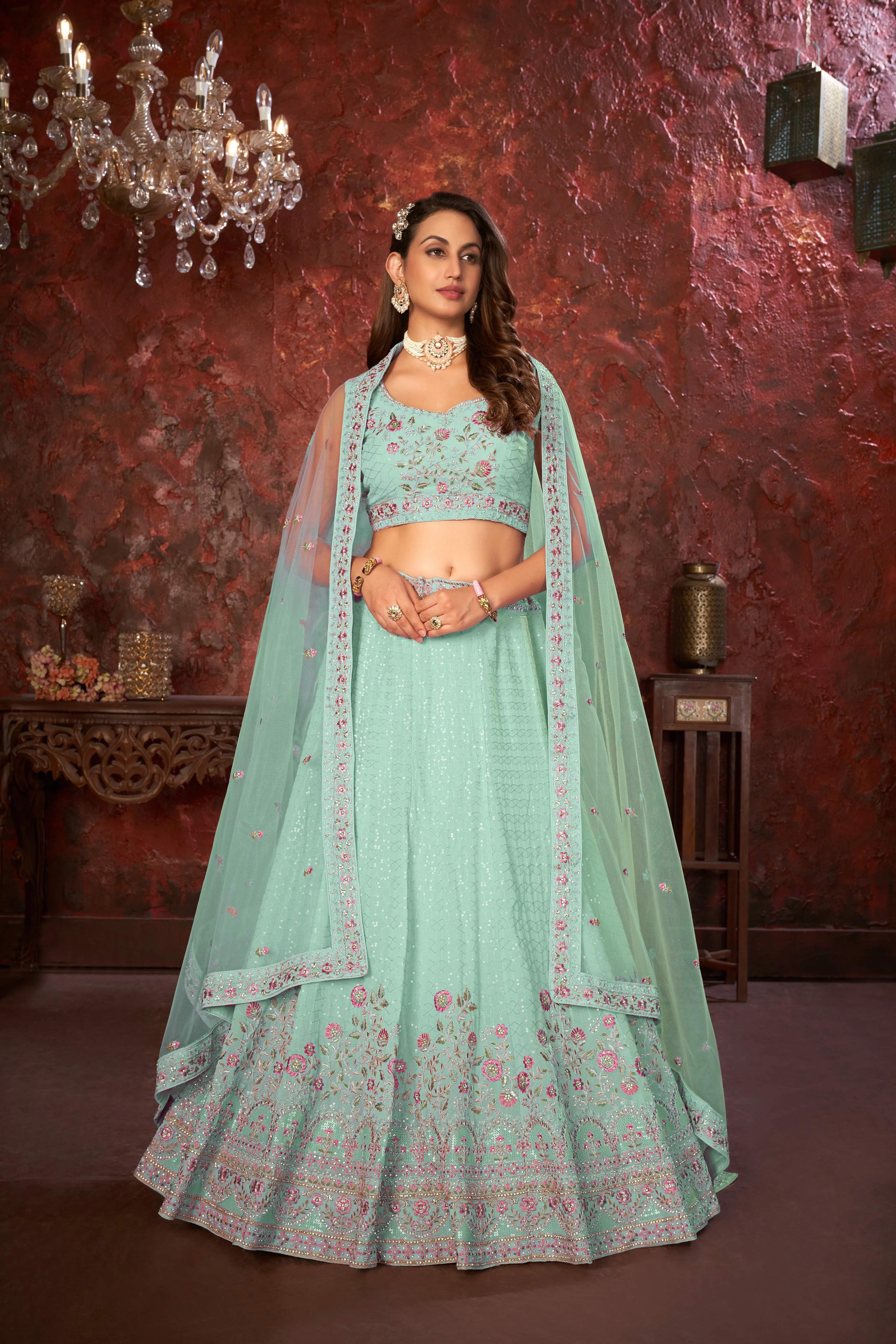 Exquisite Green Embroidered Fox Georgette Girlish Trendy Lehenga
