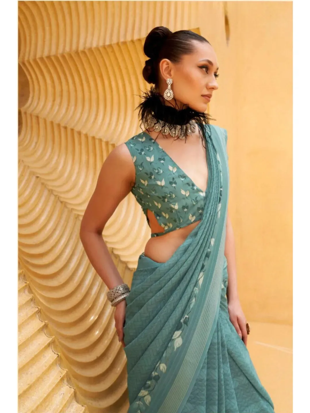 Exquisite Greyish Turquoise Daani Georgette Printed Saree