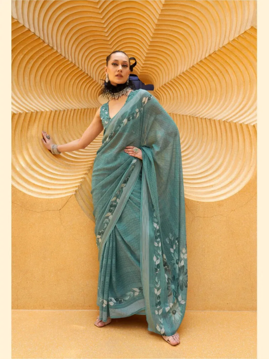 Exquisite Greyish Turquoise Daani Georgette Printed Saree