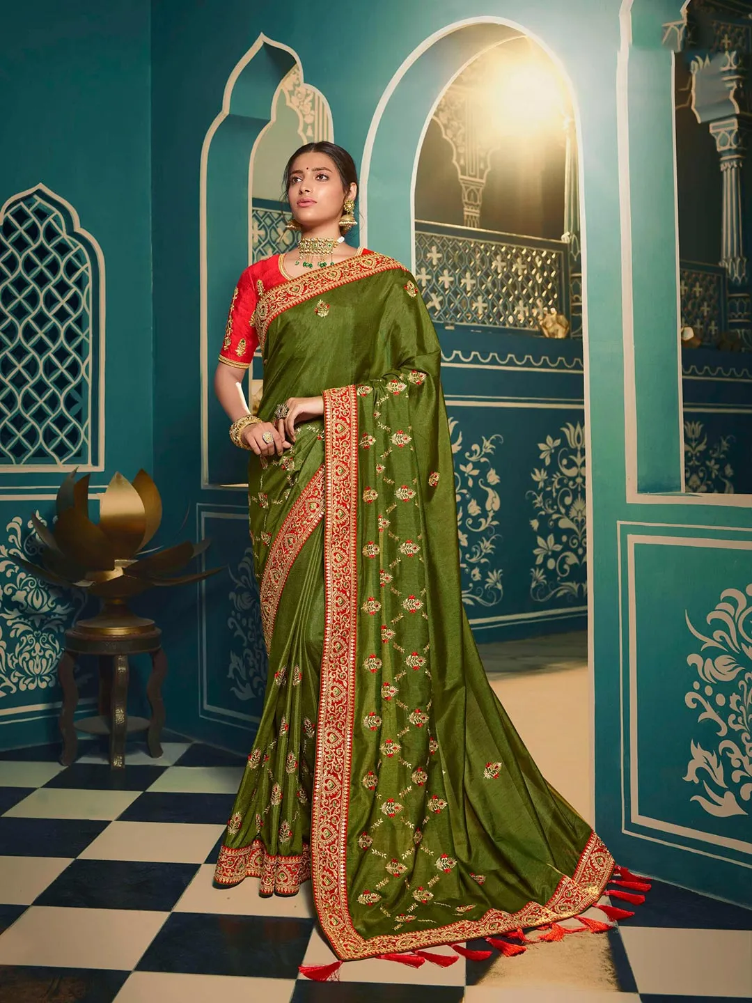 Exquisite Olive Green Saree With Minimal Border & Embroidery