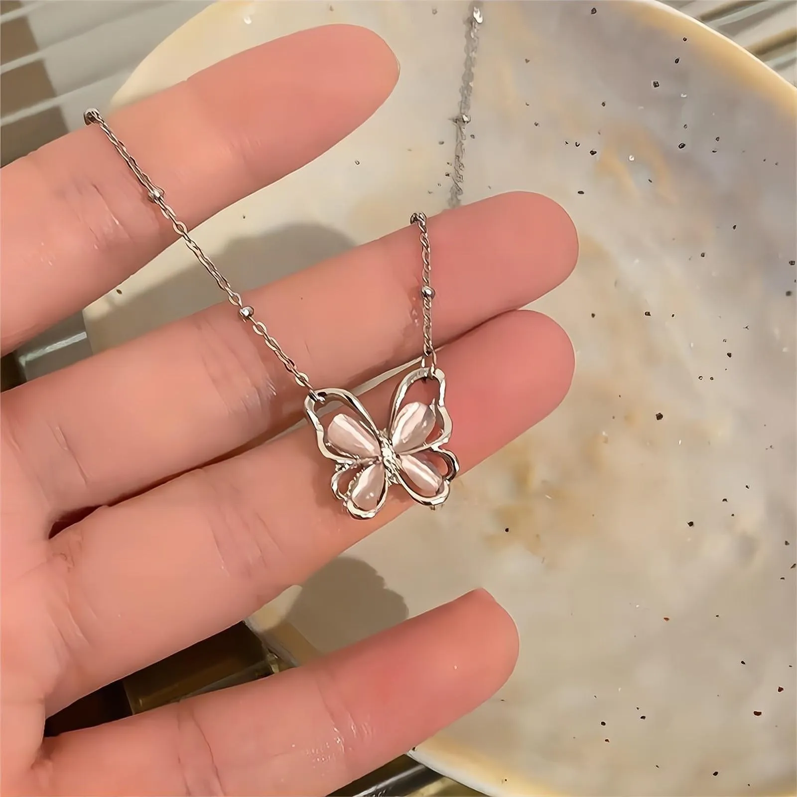 Exquisite Pink Cats Eye Stone Butterfly Necklace