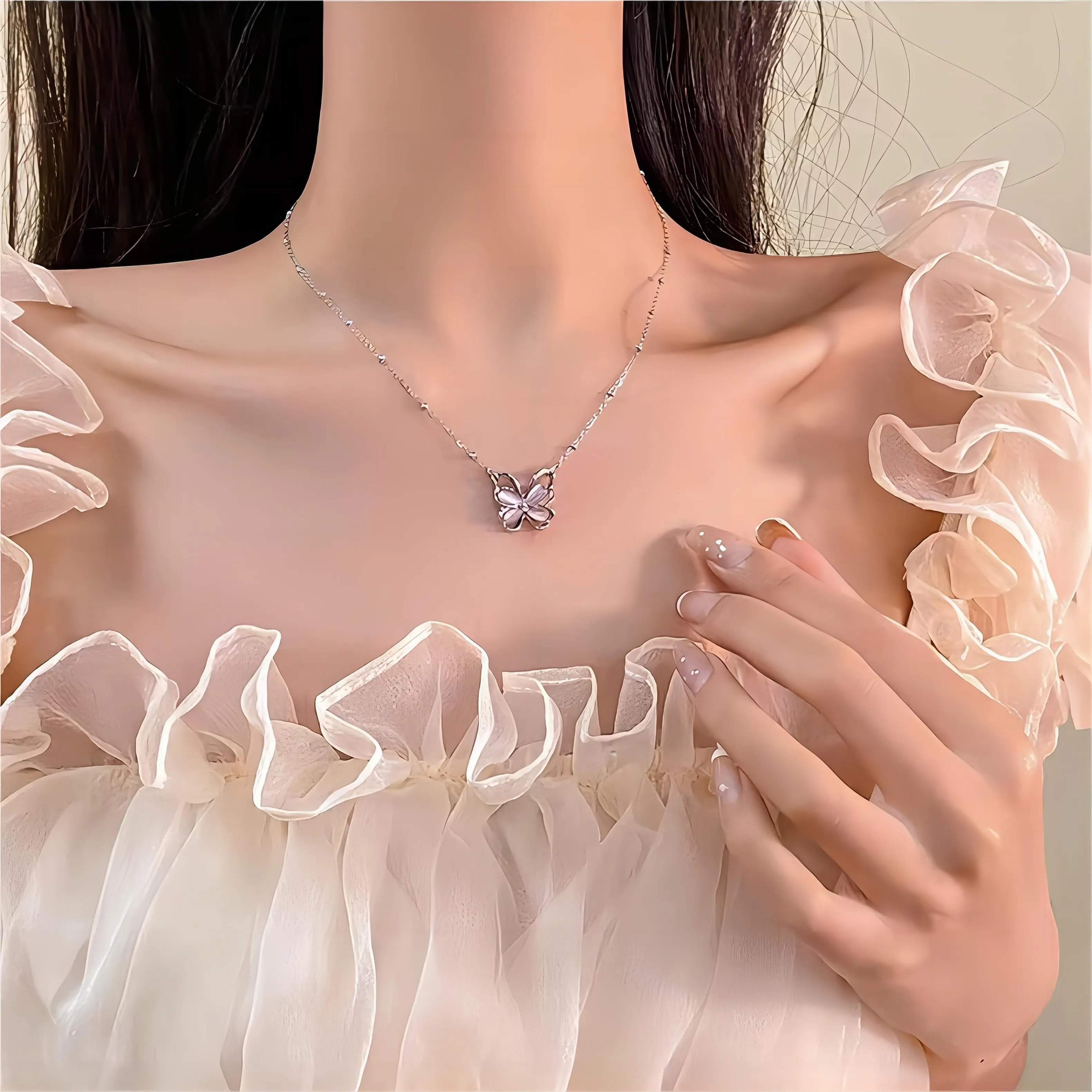 Exquisite Pink Cats Eye Stone Butterfly Necklace