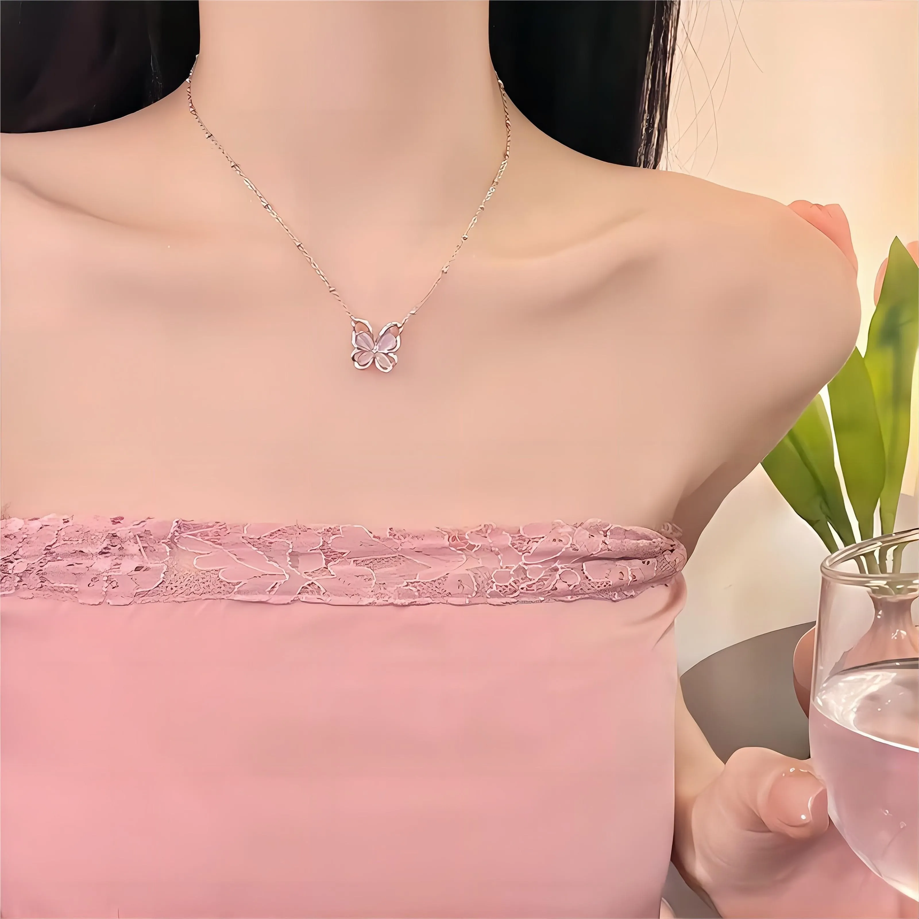 Exquisite Pink Cats Eye Stone Butterfly Necklace
