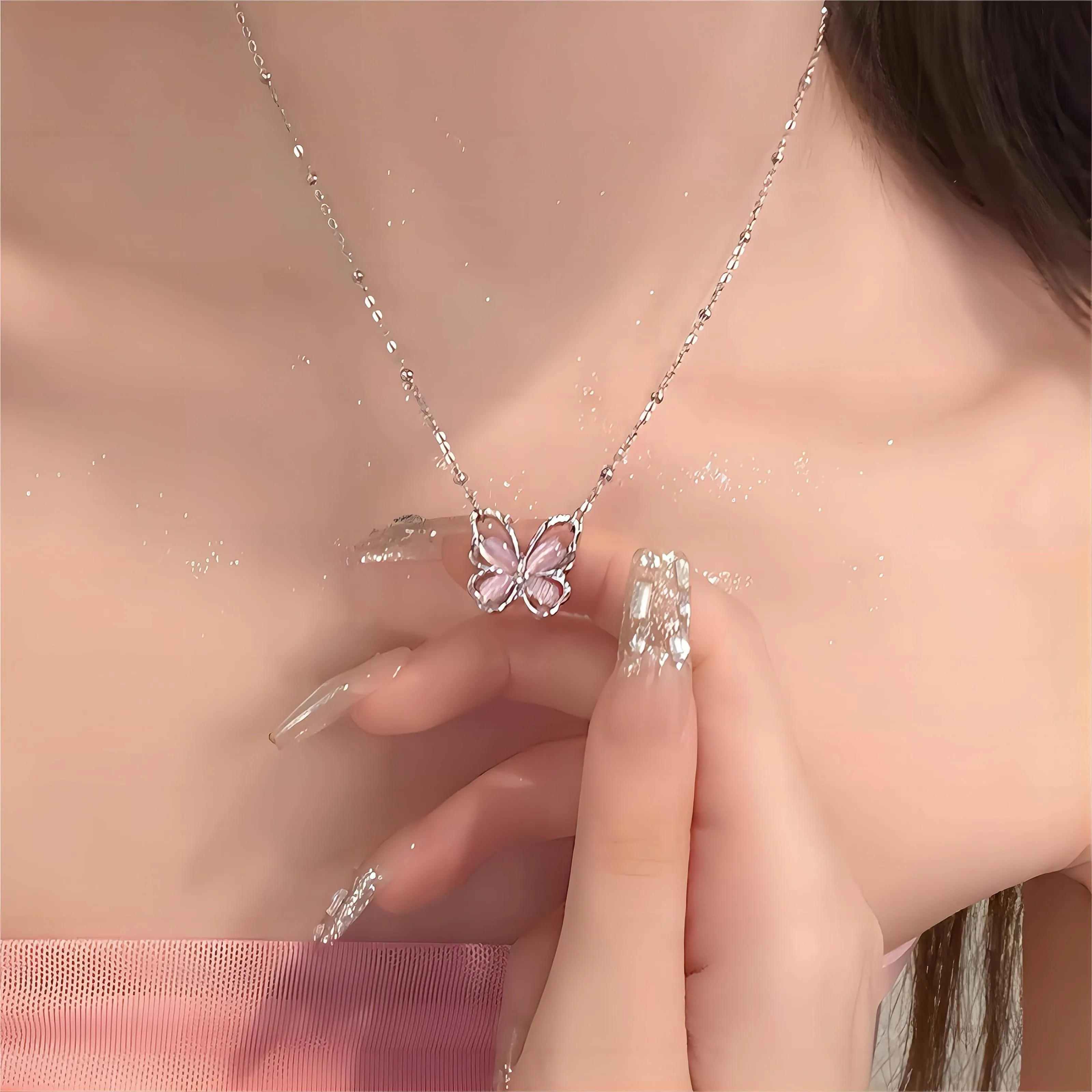 Exquisite Pink Cats Eye Stone Butterfly Necklace
