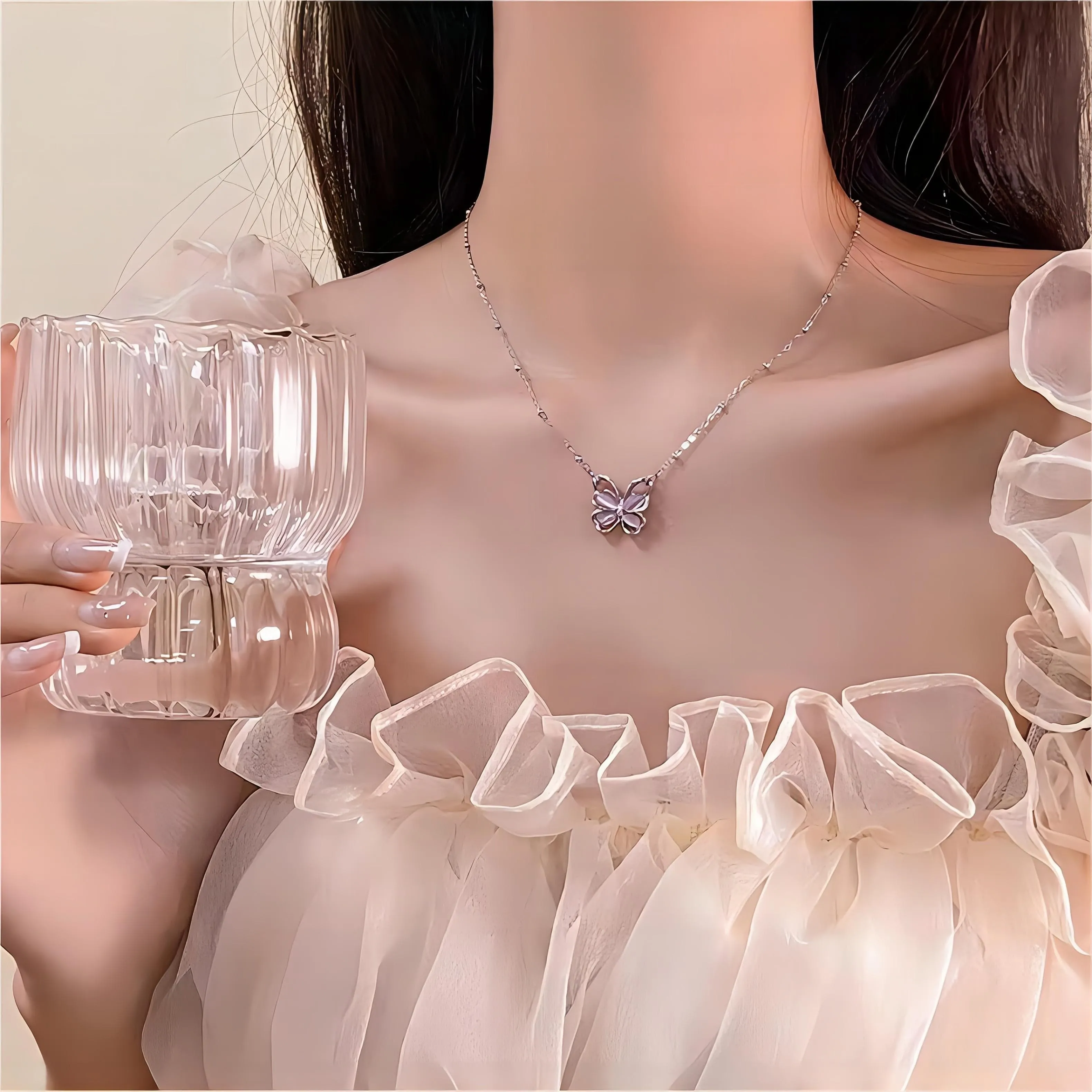 Exquisite Pink Cats Eye Stone Butterfly Necklace