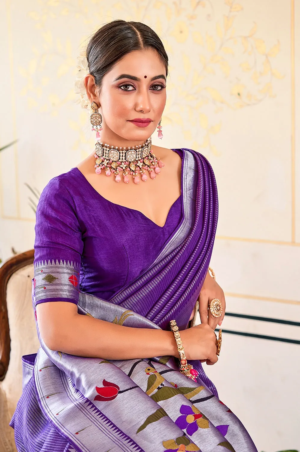 Exquisite Purple Viscose Paithani Meenakari Saree