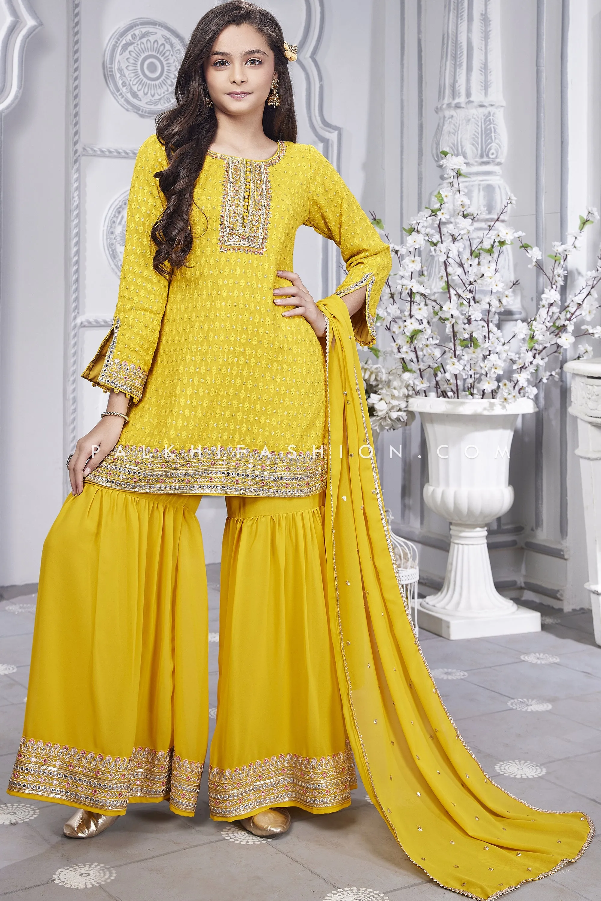 Exquisite Yellow Gharara Outfit With Chiakankari & Handwork