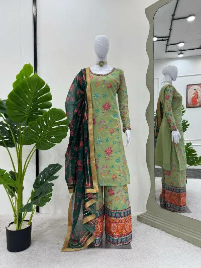 Glamorous Green Georgette Suit with Exquisite Floral Dupatta
