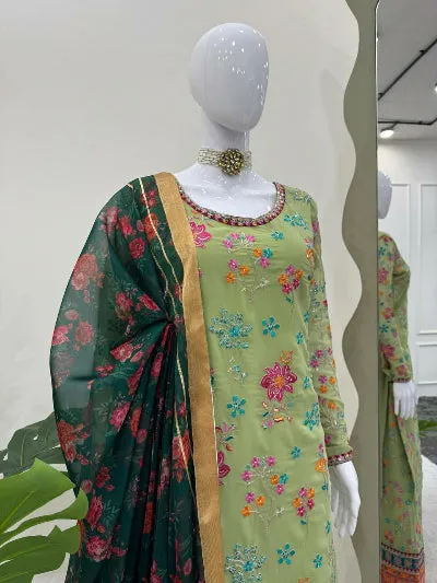 Glamorous Green Georgette Suit with Exquisite Floral Dupatta