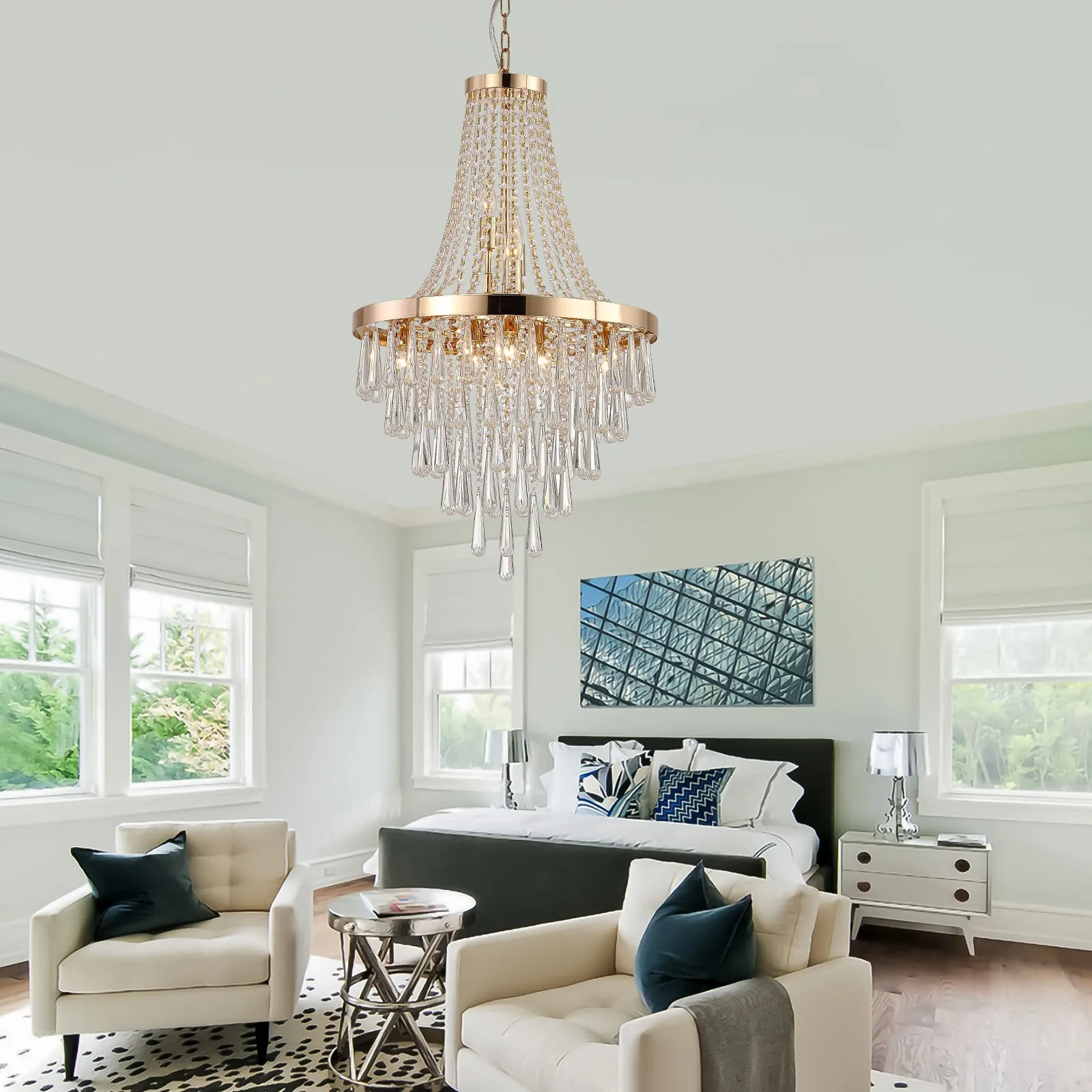 Golden Elegance: Exquisite Crystal Chandelier for Luxurious Living Spaces