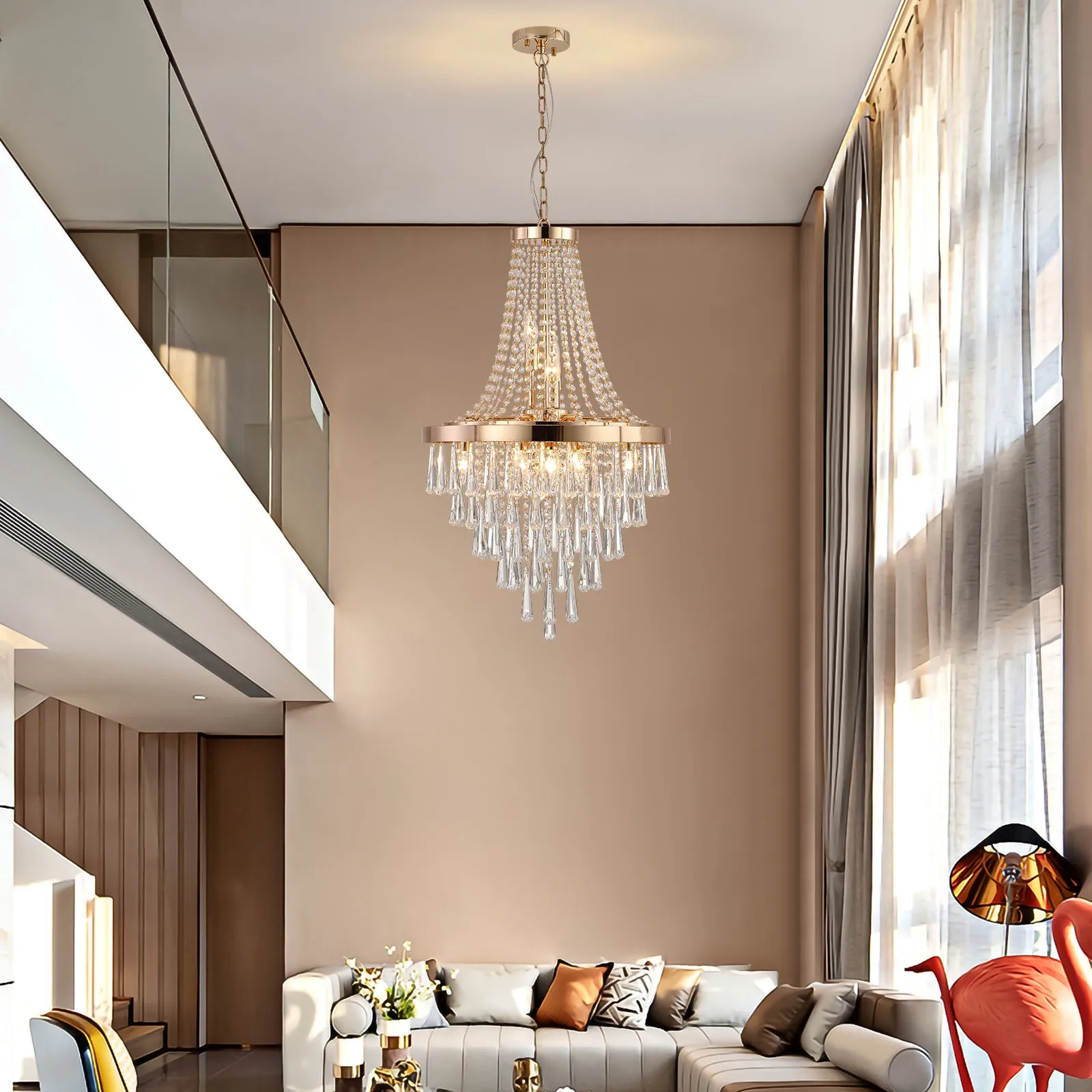 Golden Elegance: Exquisite Crystal Chandelier for Luxurious Living Spaces