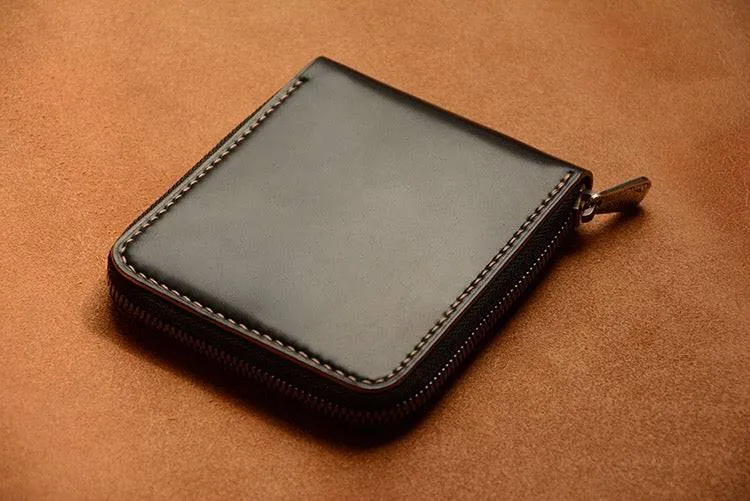 Handmade US Horween Shell Cordovan Leather Short Wallet Zip Wallets