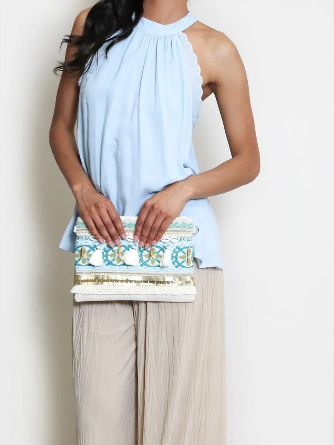 Leoni tassel shell clutch bag