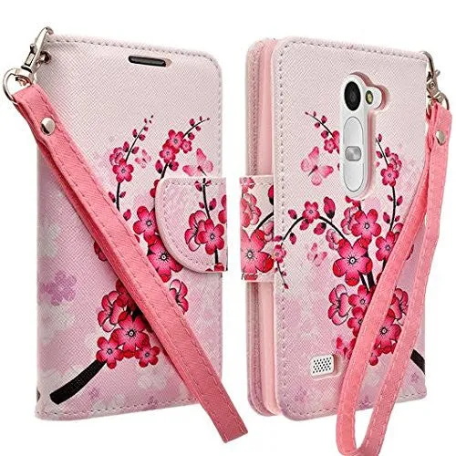 LG Leon LTE Case | Lg Tribute 2 Case | LG Power | LG Sunset | LG Destiny | LG Risio Case, Wallet Case, Wrist Strap [Kickstand] Pu Leather Wallet Case with ID & Credit Card Slots - Cherry Blossom