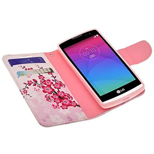 LG Leon LTE Case | Lg Tribute 2 Case | LG Power | LG Sunset | LG Destiny | LG Risio Case, Wallet Case, Wrist Strap [Kickstand] Pu Leather Wallet Case with ID & Credit Card Slots - Cherry Blossom