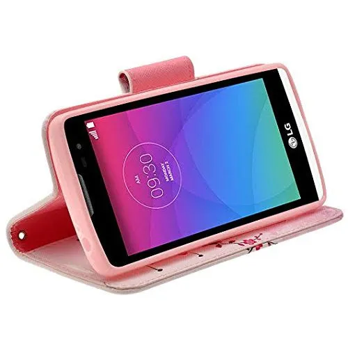 LG Leon LTE Case | Lg Tribute 2 Case | LG Power | LG Sunset | LG Destiny | LG Risio Case, Wallet Case, Wrist Strap [Kickstand] Pu Leather Wallet Case with ID & Credit Card Slots - Cherry Blossom