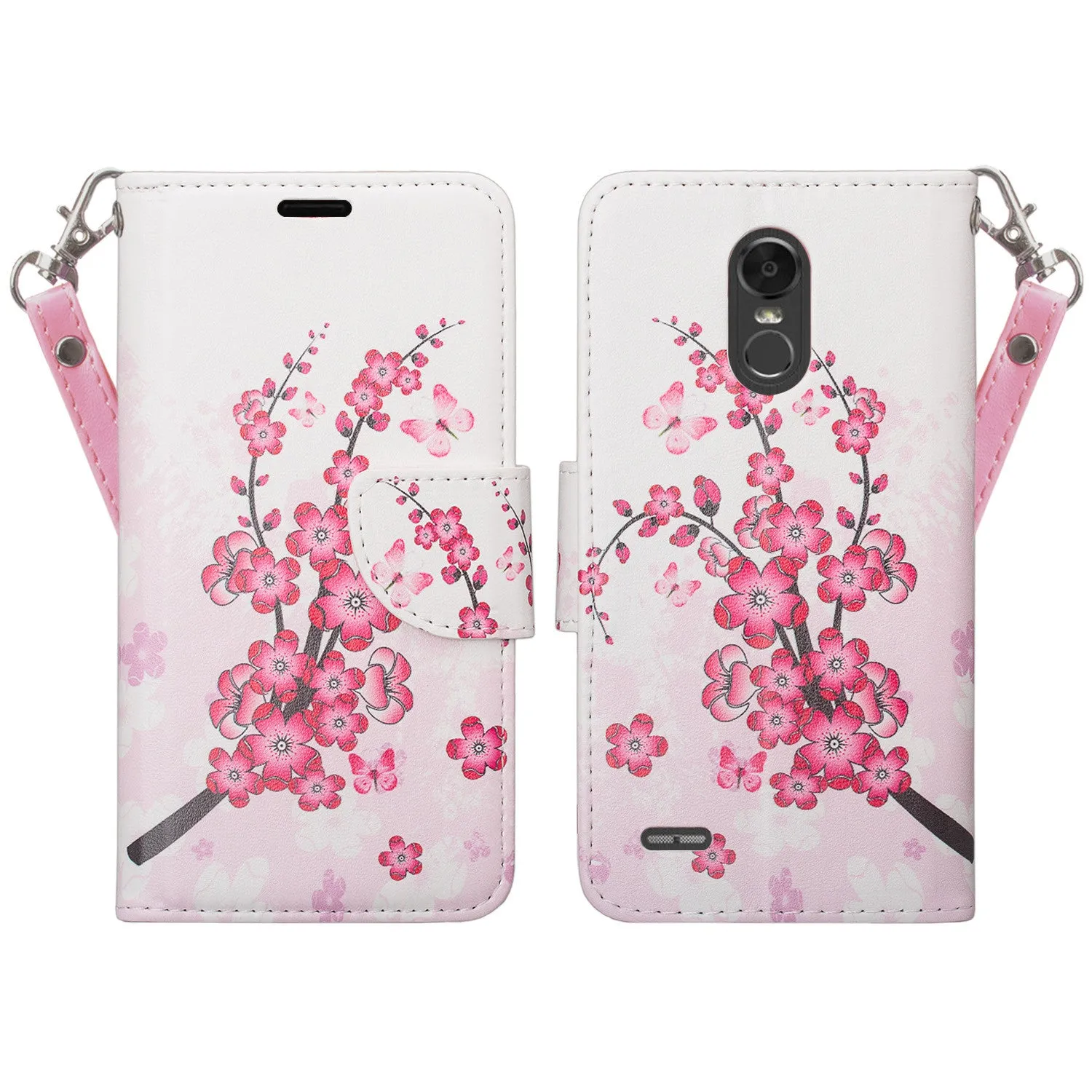 LG Stylo 3 Case, LG Stylo 3 Plus Wallet Case, Wrist Strap Magnetic Fold [Kickstand] Slim Pu Leather Wallet Case with ID & Card Slots for Stylo 3 / Stylo 3 Plus - Cherry Blossom