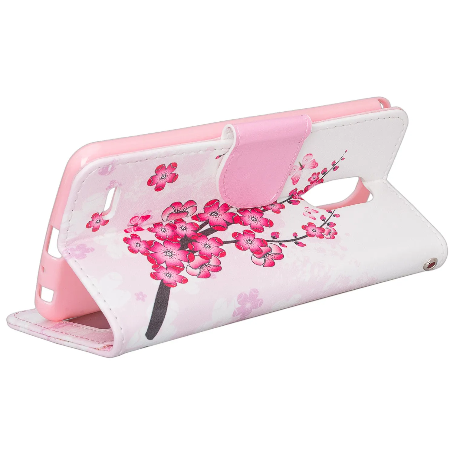 LG Stylo 3 Case, LG Stylo 3 Plus Wallet Case, Wrist Strap Magnetic Fold [Kickstand] Slim Pu Leather Wallet Case with ID & Card Slots for Stylo 3 / Stylo 3 Plus - Cherry Blossom