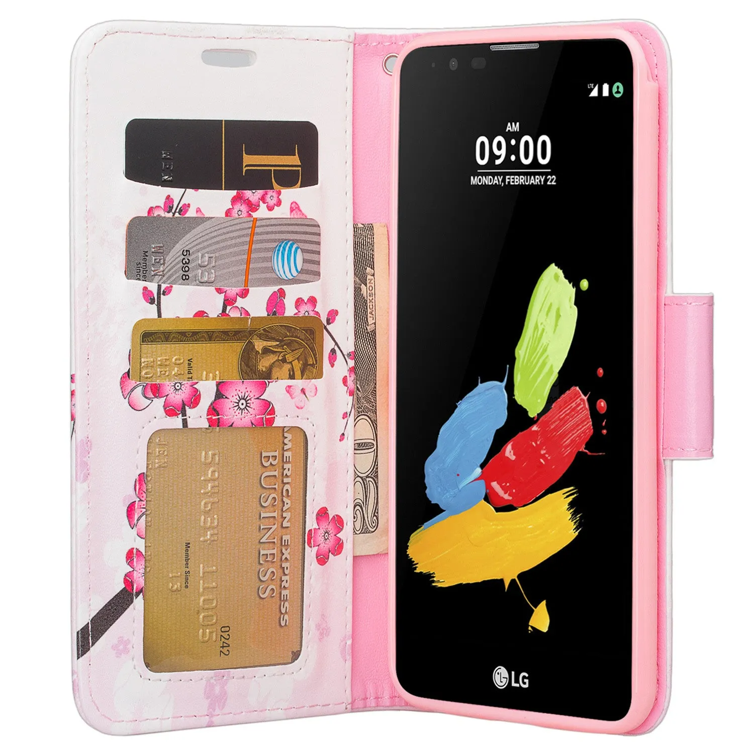 LG Stylo 3 Case, LG Stylo 3 Plus Wallet Case, Wrist Strap Magnetic Fold [Kickstand] Slim Pu Leather Wallet Case with ID & Card Slots for Stylo 3 / Stylo 3 Plus - Cherry Blossom