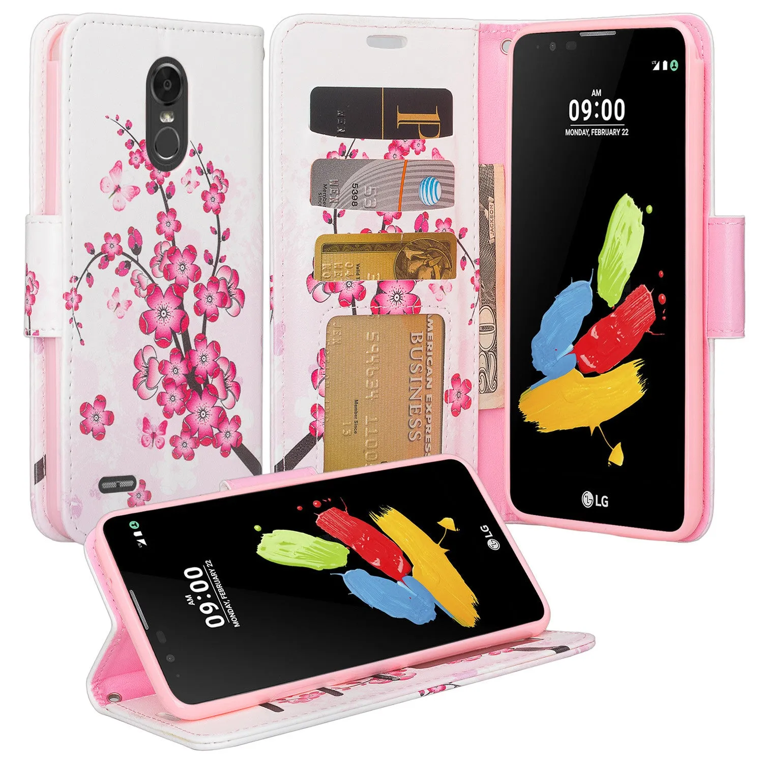 LG Stylo 3 Case, LG Stylo 3 Plus Wallet Case, Wrist Strap Magnetic Fold [Kickstand] Slim Pu Leather Wallet Case with ID & Card Slots for Stylo 3 / Stylo 3 Plus - Cherry Blossom